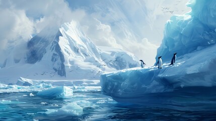 Group of penguins standing gracefully on the peak of an iceberg in Antarctica. The penguins are clustered together, showcasing their black and white plumage against the icy backdrop.