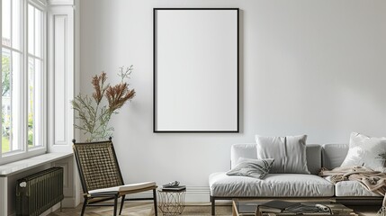 Mock up poster hanging above grey sofa in luxury living room with white walls. Modern interior design.
