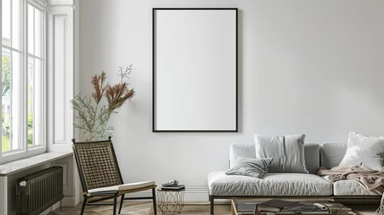 Fotobehang Mock up poster hanging above grey sofa in luxury living room with white walls. Modern interior design. © Penatic Studio
