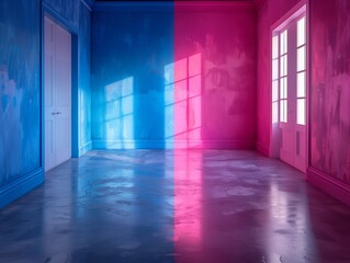 Divided space: blue and pink toned room. A vibrant empty room split in two colors with natural light