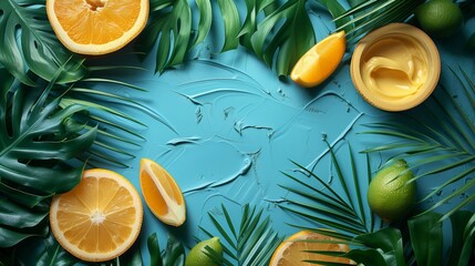 Refreshing spa and wellness mockup background: vibrant scene with citrus fruits and tropical leaves ideal for spa-themed ads