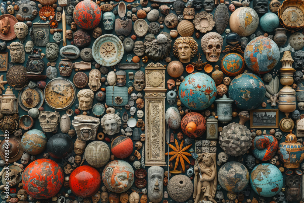 Poster a collection of found objects and trinkets, arranged in a whimsical and eclectic collage. concept of