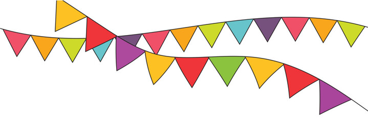 Carnival colorful bunting garlands with flags made of shredded pieces of fabric. Decorative multicolored party pennants for festival, party, birthday celebration.