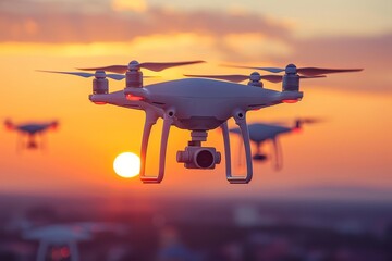 Quadcopter Drone Against a Breathtaking Sunset Sky. - obrazy, fototapety, plakaty