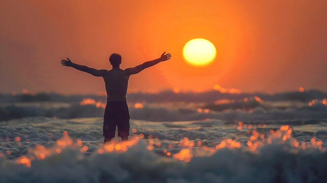 a man standing on a beach with his arms outstretched in the air and his hands in the air with his arms outstretched