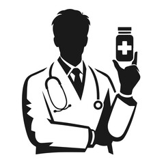 Doctor 🧑‍⚕️. Flat vector style character, Healthcare illustration. Black and white silhouette vector isolated on white background 
