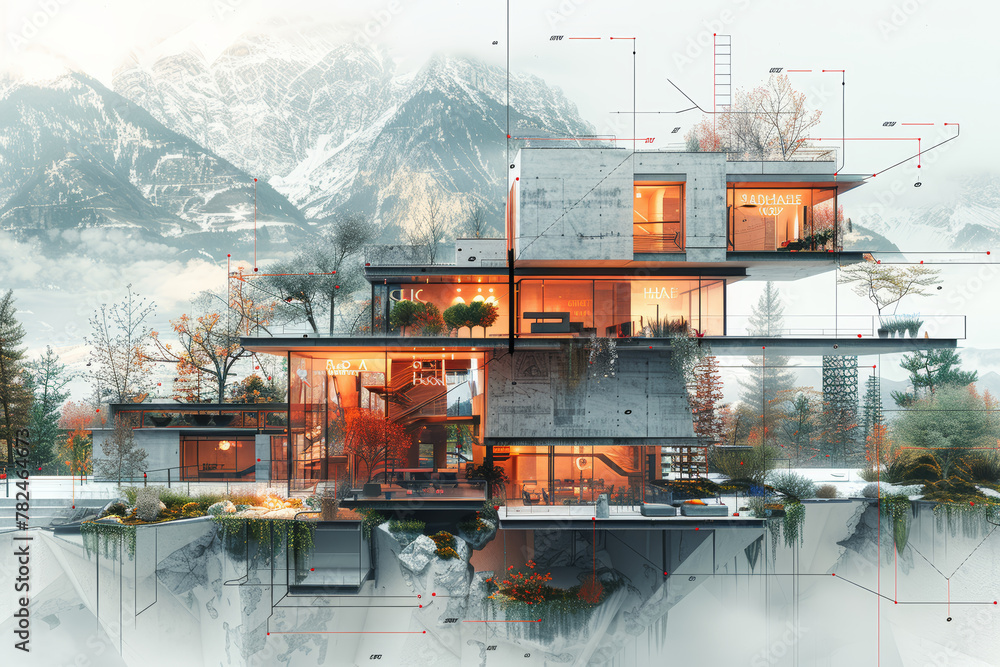 Poster a montage of architectural blueprints and sketches, envisioning the design of futuristic cities. con