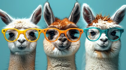   A group of llamas donning glasses with shaped faces like their own llama heads