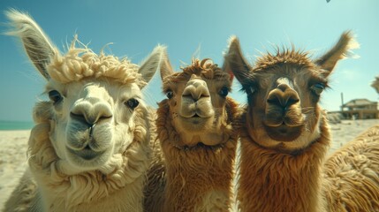   Three llamas congregate on a sandy beach, surrounded by azure sky - obrazy, fototapety, plakaty