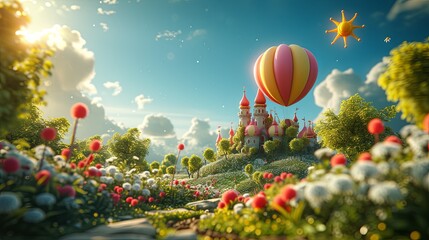 Fototapeta premium Enchanting Pastel Dream: Fantasy Castle and Sun Balloon in Vibrant Garden