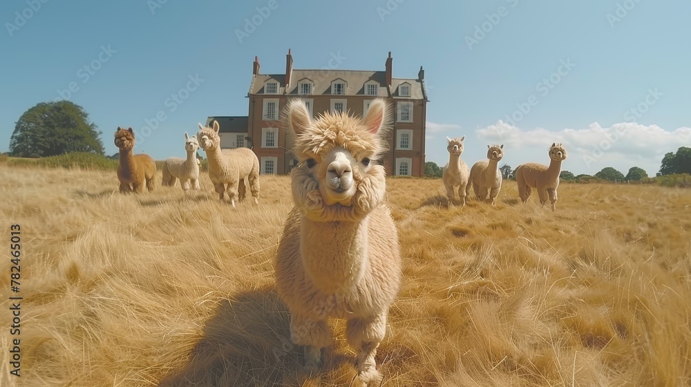 Poster a cluster of llamas grazing in a field before a sizable structure with a house behind it