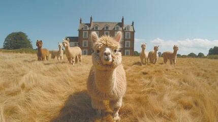 Fototapeta premium A cluster of llamas grazing in a field before a sizable structure with a house behind it