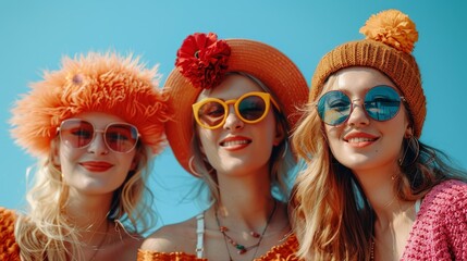   Three charming young women don sun hats and sunglasses, holding pom-poms, as they pose for a photo against a backdrop of a clear blue sky - obrazy, fototapety, plakaty