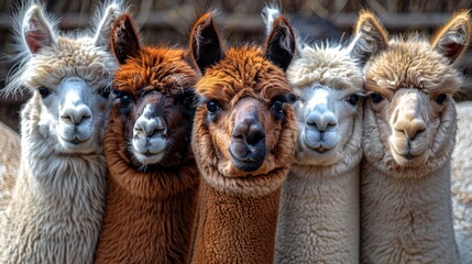 Fototapeta premium A group of llamas, aligned next to one another, gaze at the camera through a wooden fence