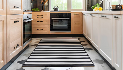 Stylish striped rug in interior of modern kitchen