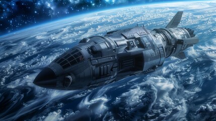 A space ship hovers above the ocean waters, showcasing a juxtaposition between futuristic technology and natural elements. The scene captures the spacecrafts size and power against the vast expanse of