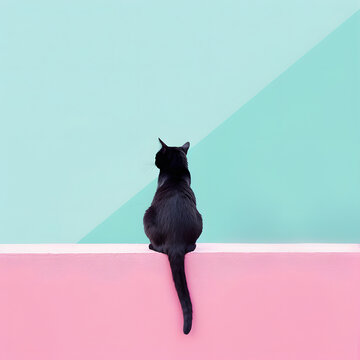 Black cat on the pink wall.