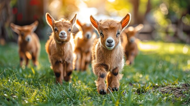   A herd of baby goats traverses a lush green field, bordering a tiny wooden fence on a sunlit day