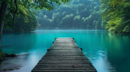 Secluded wooden pier extending into a serene lake - obrazy, fototapety, plakaty