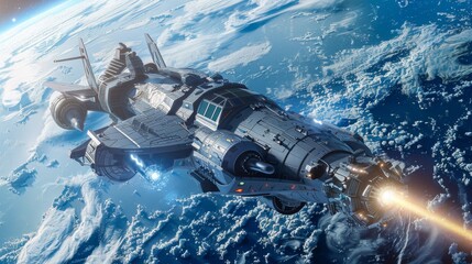 A space station is seen flying over the earth in this realistic depiction. The station appears to...