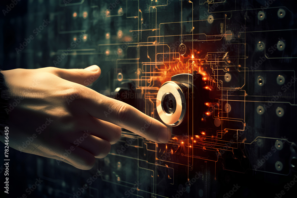 Poster hacker's hand trying to breach a secure digital lock concept of cybersecurity, data protection, secu