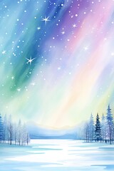 Northern Lights, Northern lights, magical dance, night sky, cartoon drawing, water color style.