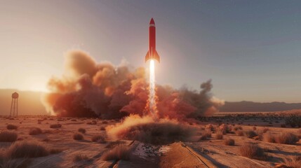 A rocket with smoke billowing out of it is ascending into the sky, launching into space with immense power and speed.