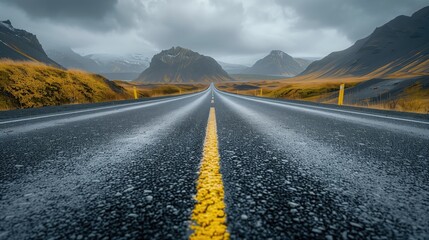 Travel Landscape, Open Road with Icelandic Mountains in Monochromatic Tones