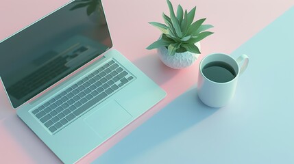 Top view Workplace with open laptop on modern wooden table, cup of coffee and plant in small pot. flat lay, copy space your text, background.