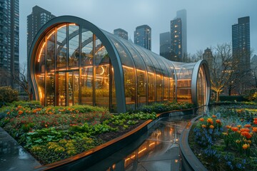 Urban oasis: Transparent dome amidst the towering city skyline - obrazy, fototapety, plakaty