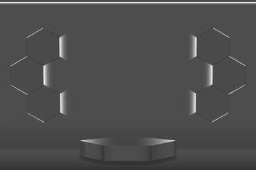 Hexagonal realistic podium, pedestal, black on dark background with white backlight on the wall. Vector illustration.