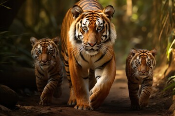 A Bengal tiger mother and her two cubs roam the jungle
