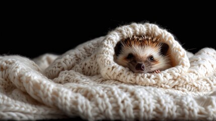   A hedgehog emerges from a blanket against a black backdrop, revealing itself from its den