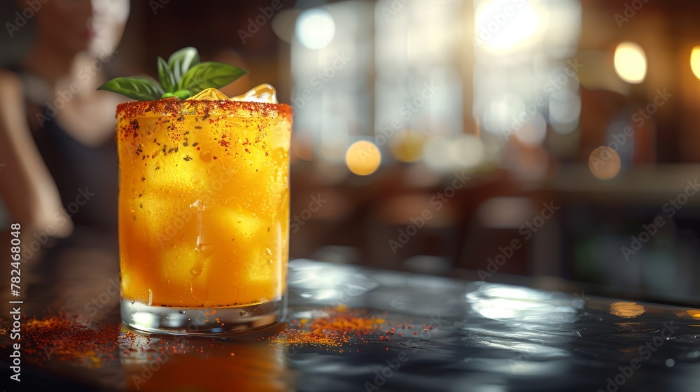 Aufkleber a sharp image of a drink on a table, with a person indistinctly visible in the background, blurred i