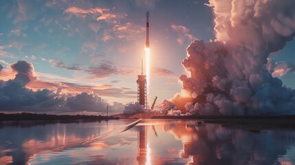 A rocket is launching into the sky, surrounded by clouds. The powerful propulsion lifts the rocket towards outer space, creating a dynamic and energetic scene.