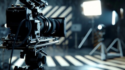 High-end cinema camera on set with dramatic lighting. Professional filmmaking equipment in a studio environment