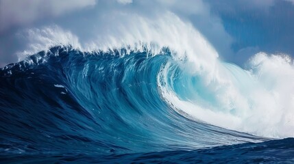 Dramatic capture of a powerful wave cresting in the deep blue sea - obrazy, fototapety, plakaty
