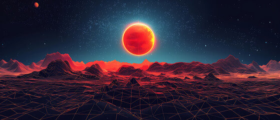 A futuristic and striking landscape of Mars captured in a wireframe silhouette logo, showcasing the potential for exploration and innovation on the red planet - obrazy, fototapety, plakaty