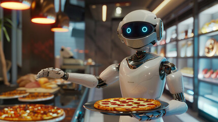 Waitress robot assistant with pizza in cafe.