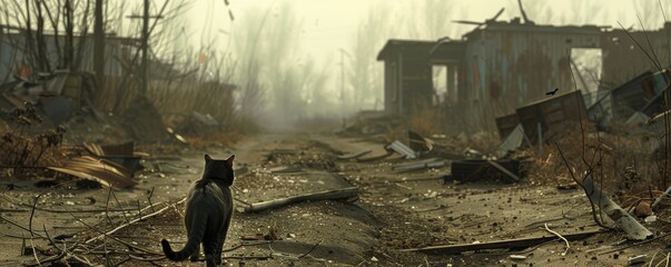 Lonely cat in post-apocalyptic wasteland - obrazy, fototapety, plakaty