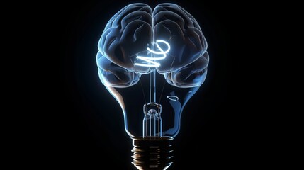 Conceptual brain light bulb on dark background