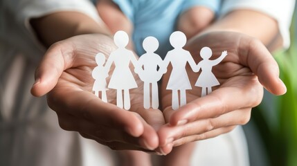 Fototapeta na wymiar Paper cutout family figures in hands. Family insurance, healthcare and protection concept. Design for banner, brochure, insurance advertisement