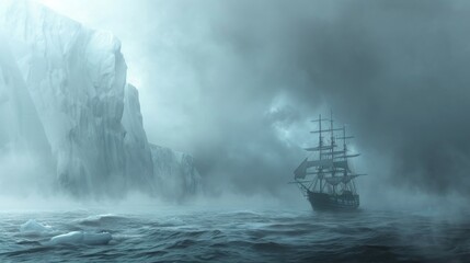 Mysterious seascape with galleon and icebergs - obrazy, fototapety, plakaty