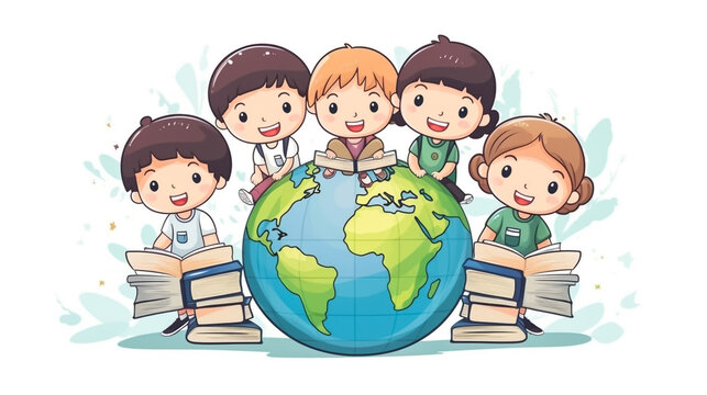 Kids sitting on stacks of books and reading.Boy and girls learning or studying.children with Back to School Concept education.Pupils holding textbooks and school Earth Globe icon model
