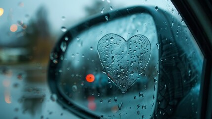 Rainy window with heart symbol, representing longing, love, and emotional health concept. Suitable for emotional wellness campaigns and sentimental moments - obrazy, fototapety, plakaty