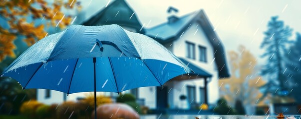 Blue umbrella protecting a home facade during a rainy autumn day. Residential security concept with seasonal elements and copy space for design and print