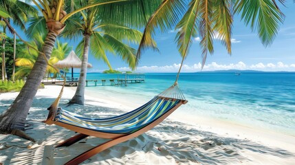 Fototapeta na wymiar A hammock hangs between palm trees on a tropical beach