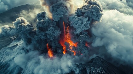 Majestic volcano eruption with lava and ash clouds - obrazy, fototapety, plakaty
