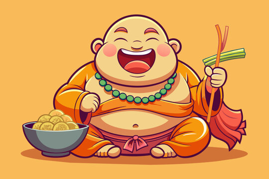 Fat cute laughing thali buddha eating noodles