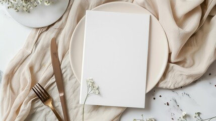 Elegant table setting mockup with white empty plate, cutlery, and a blank menu card. Flat lay composition for restaurant branding or event design with copy space